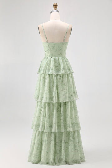 Dusty Sage A Line Corset Tiered Chiffon Long Bridesmaid Dress with Slit